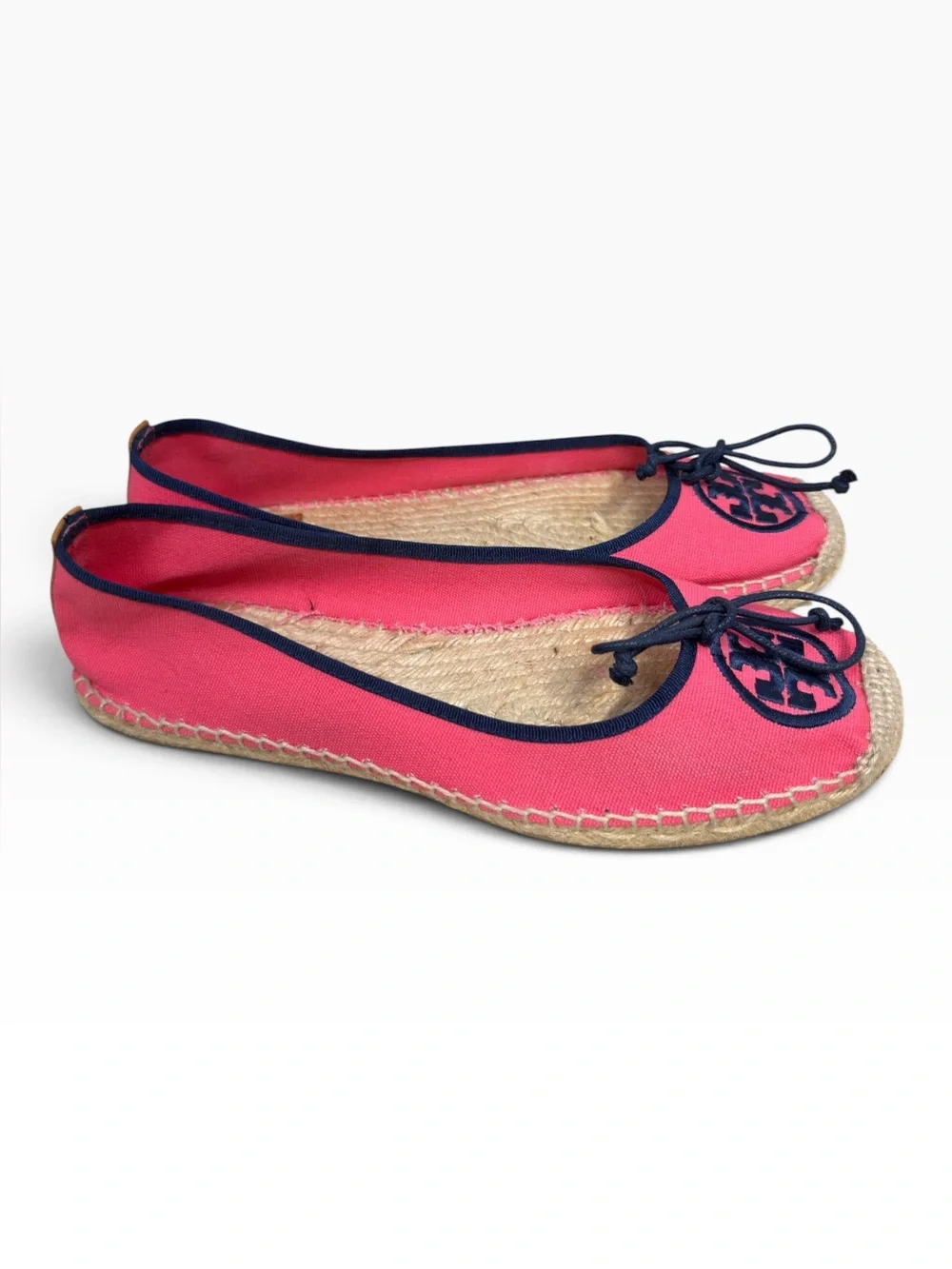 Tory Burch Pink Navy Logo Canvas Ballet Espadrille Flats Bow Womens Size US 9